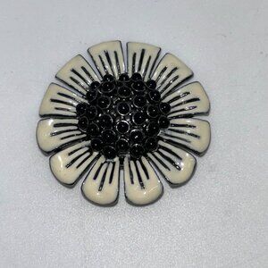 Vintage Black & Ivory Enamel Flower Brooch Pin Sunflower Design 2-Inch Diameter